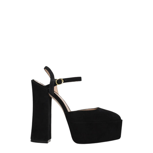 Stuart Weitzman Black Leather Platform Sandals with high heel and round toe, featuring a buckle closure and leather sole.
