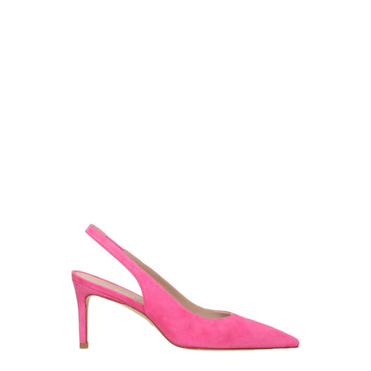 Stuart Weitzman Pink Leather High Heel Pumps with suede finish, pointy toe, and mid heels, perfect for casual style.