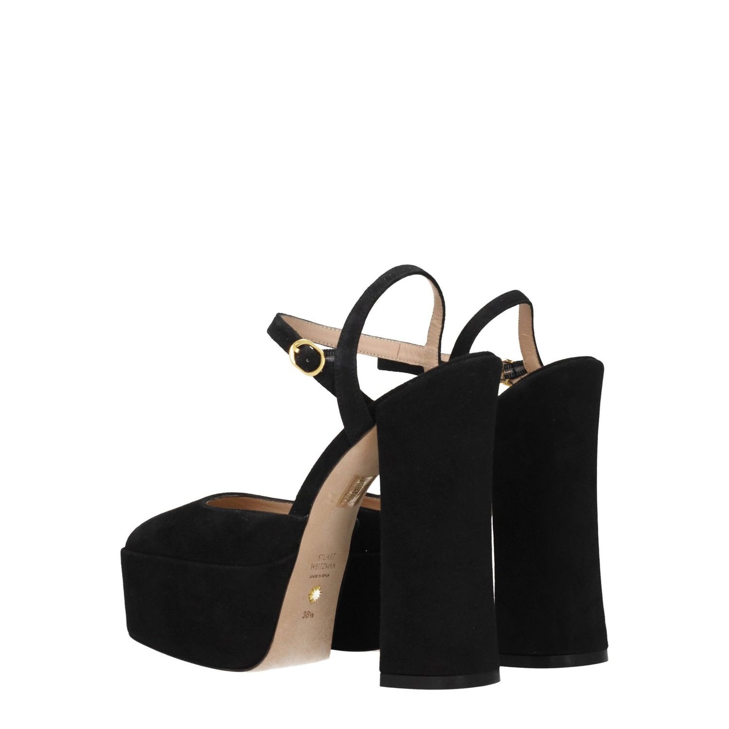 Stuart Weitzman Black Leather Platform Sandals with buckle closure and high heel, suede material, casual style, round toe