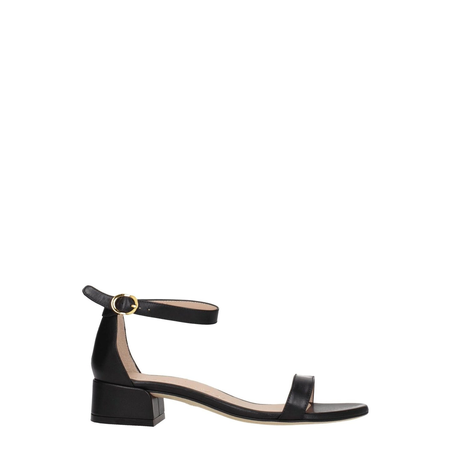 Stuart Weitzman Black Leather Flat Sandals with buckle closure, mid heels, and open toe design, crafted from high-quality leather.