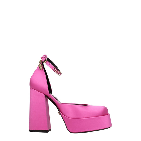 Versace Pink Satin Platform Pumps with rhinestone buckle closure, high heel, leather sole, and round toe design.