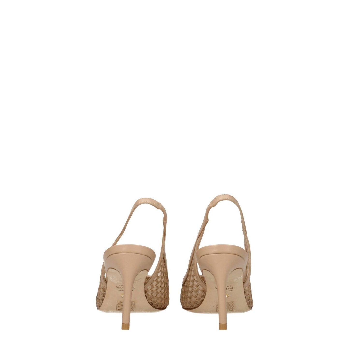 Stuart Weitzman Beige Leather High Heel Pumps with pointy toe and mid heels, back view showing intricate design, perfect for stylish occasions.