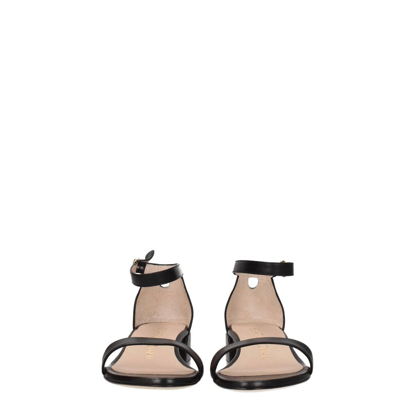 Stuart Weitzman Black Leather Flat Sandals with buckle closure and open toe, mid heels, casual style. MPN: NUDISTJUNESMOS6743BLACK.