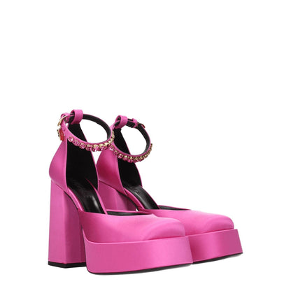 Versace Pink Satin Platform Pumps with rhinestone detail, high heel, buckle closure, and leather sole, stylish and elegant design.