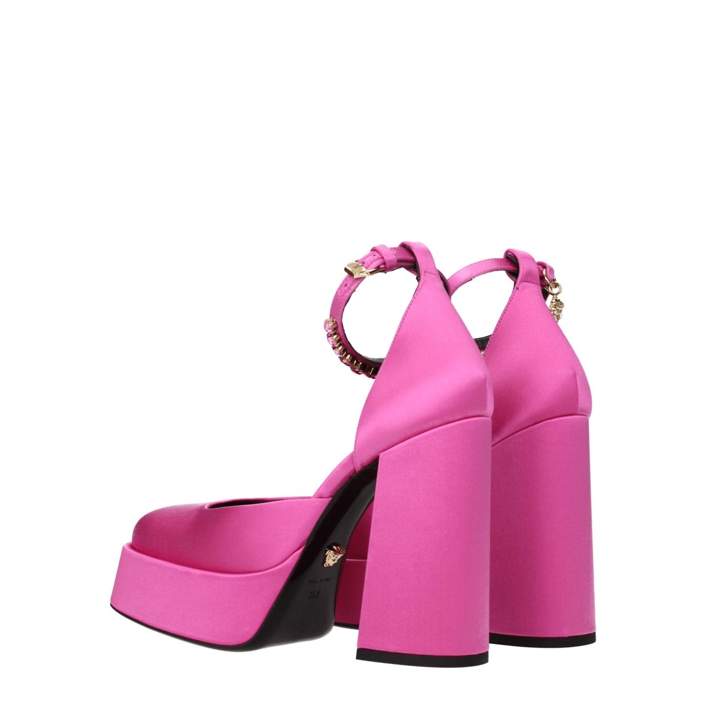 Versace Pink Satin Platform Pumps with buckle closure and high heels, featuring rhinestone side detail and leather sole.