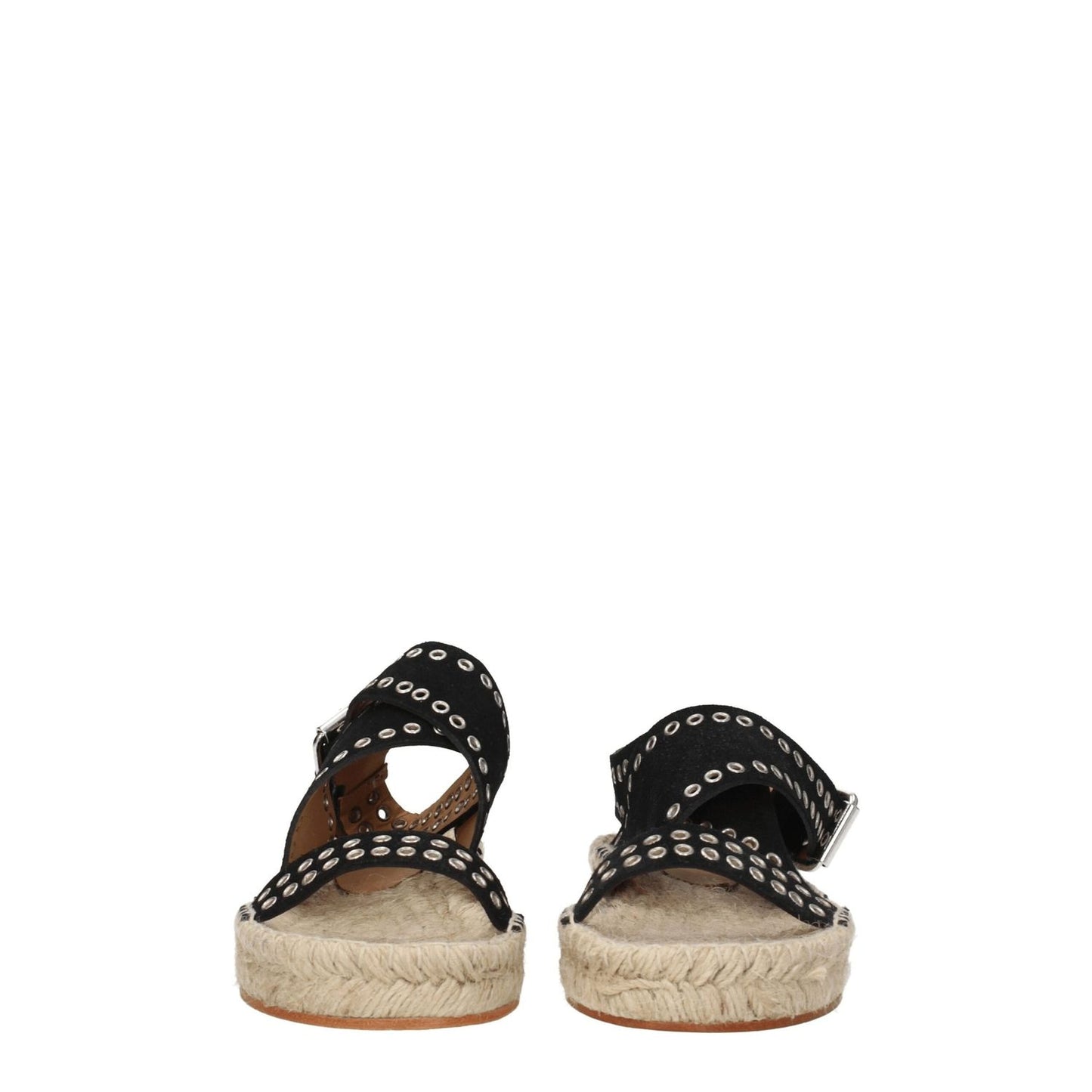 Isabel Marant Black Leather Flat Sandals with silver studs, casual style, buckle closure, open toe, suede material, and leather sole.