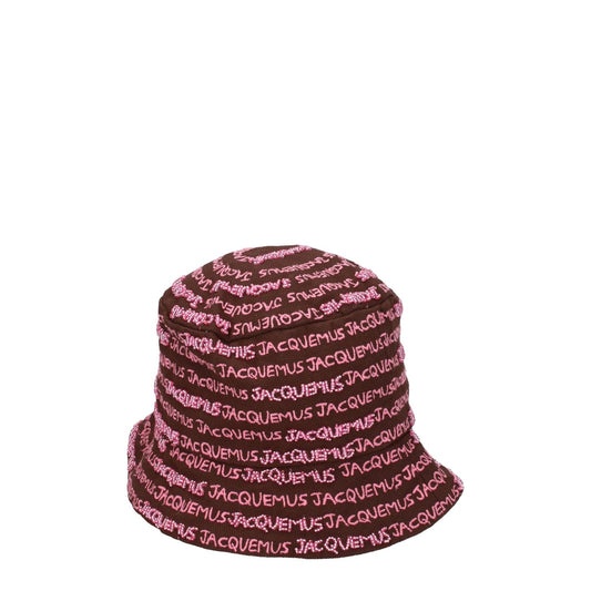 Jacquemus Brown Cotton Bucket Hat with pink logo print, casual 100% cotton hat, beaded accents, MPN 235AC4515035850, product code F76826.