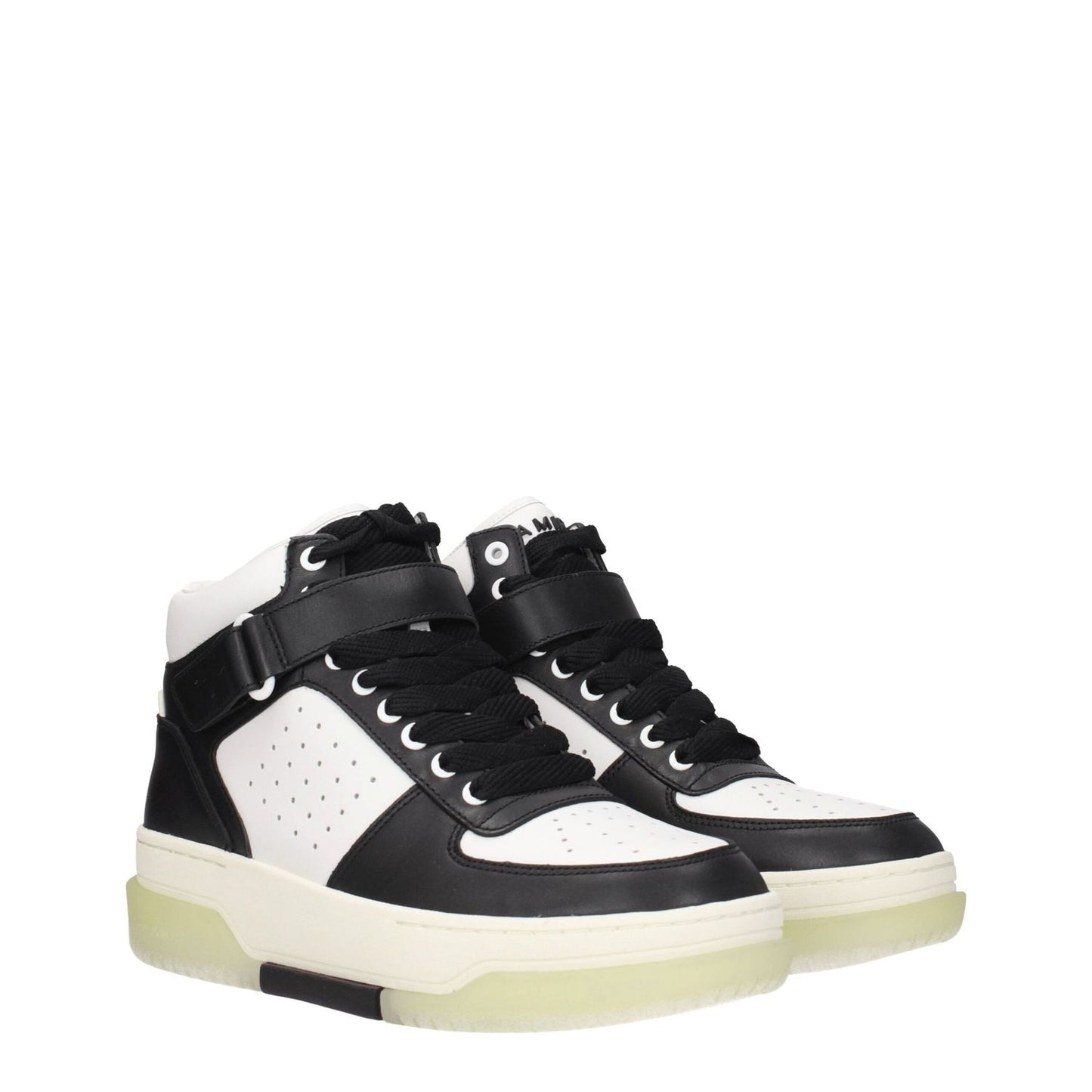 Amiri Black Leather High Top Sneakers with front and back logos, lace-up closure, rubber sole, wedge heel, round toe design, style: street.