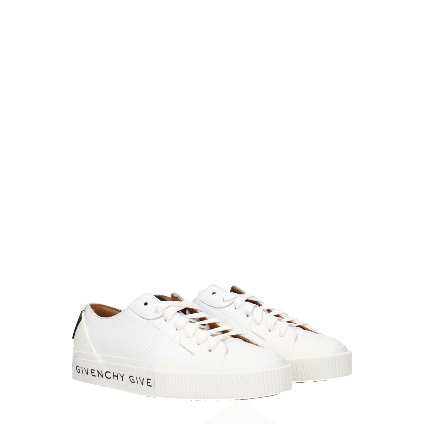 Givenchy White Leather Low Top Sneakers with logo detailing and lace-up closure, featuring a sporty glam style and rubber sole.