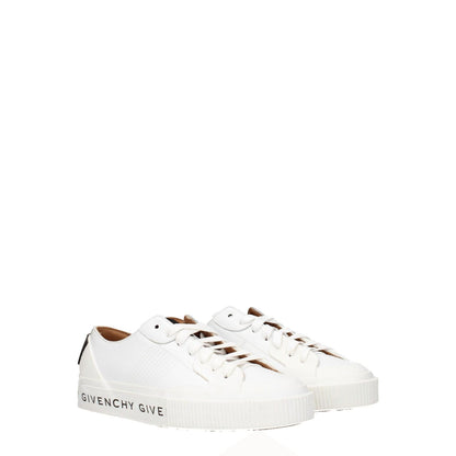 Givenchy White Leather Low Top Sneakers with logo detailing and lace-up closure, featuring a sporty glam style and rubber sole.