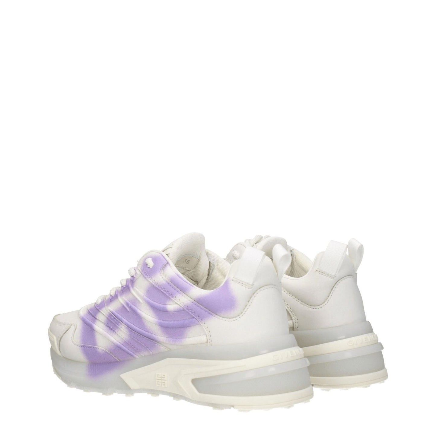 Givenchy Beige Leather Low Top Sneakers with lilac side detail, lace-up closure, logo design, rubber sole, and round toe.