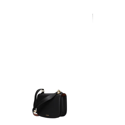 Jil Sander Black Leather Handbag with gold details, small size, casual style, removable handle, front logo, button closure.