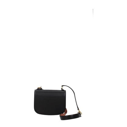 Jil Sander Black Leather Handbag with gold details, front logo, and removable handle, featuring button closure and internal pocket.
