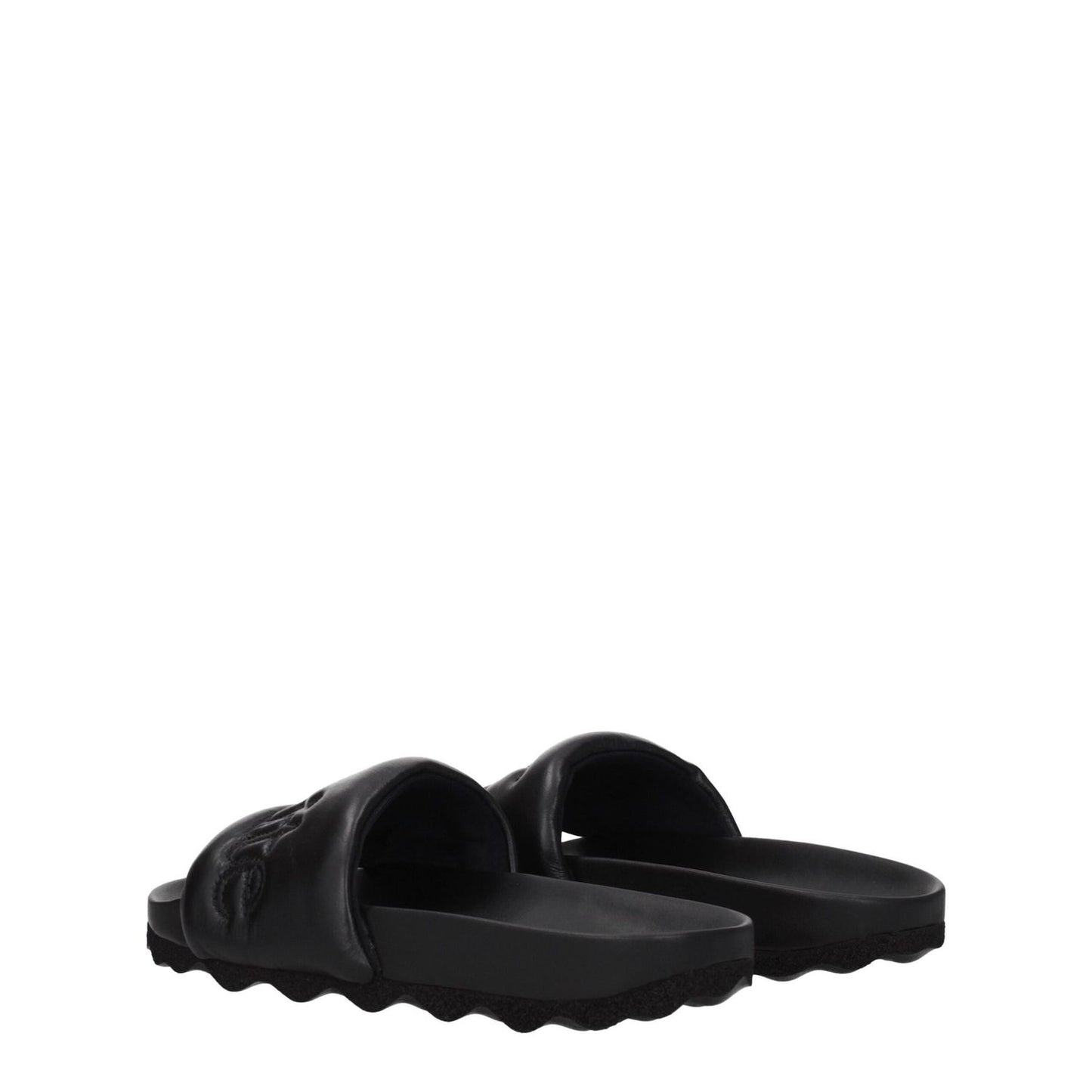 Off-White Black Leather Slippers with front logo, designed for casual wear, featuring a rubber sole and round toe.