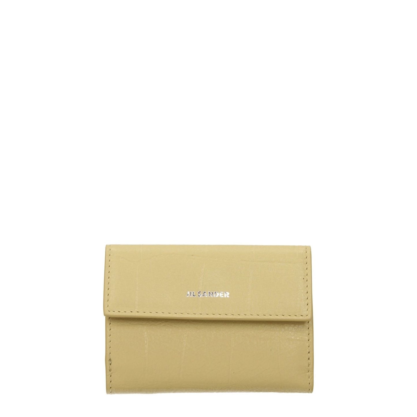 Jil Sander Yellow Leather Wallet with crocodile print, button closure, and front logo, featuring a casual style and coin holder.