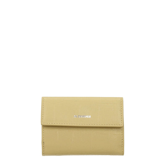 Jil Sander Yellow Leather Wallet with crocodile print, button closure, and front logo, featuring a casual style and coin holder.