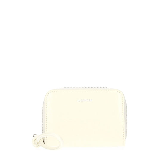 Jil Sander Beige Leather Wallet with front logo, zip closure, and milk secondary color, casual style, 7x10 cm size.
