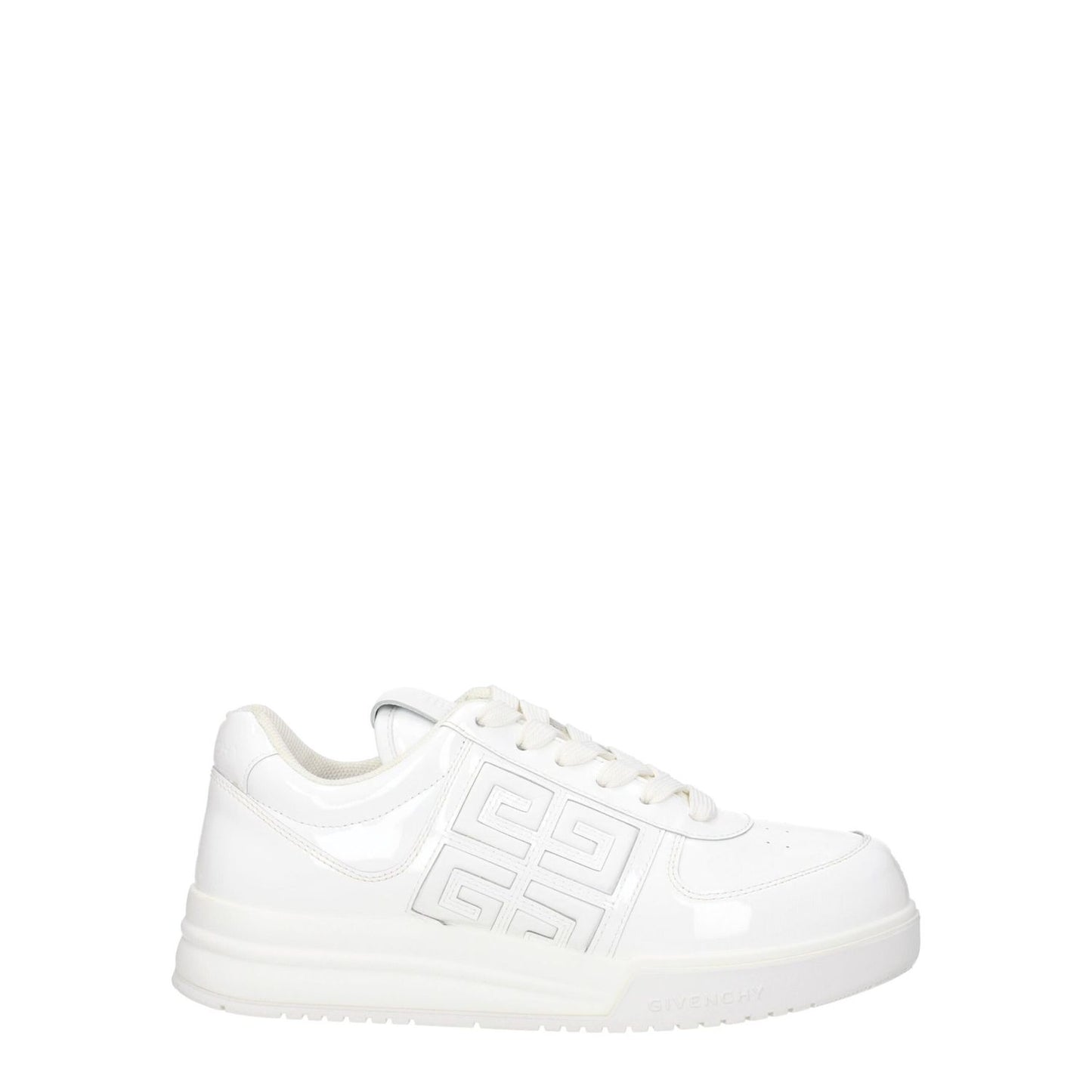 Givenchy White Leather Low Top Sneakers, patent leather, lace-up closure, featuring front, side, and back logo details. Casual style, round toe.