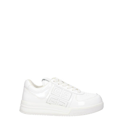 Givenchy White Leather Low Top Sneakers, patent leather, lace-up closure, featuring front, side, and back logo details. Casual style, round toe.