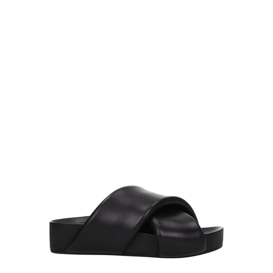Jil Sander Black Leather Slippers with vintage effect, casual style, mid heel, open toe design, made of leather. MPN: J15WP0043P5057001