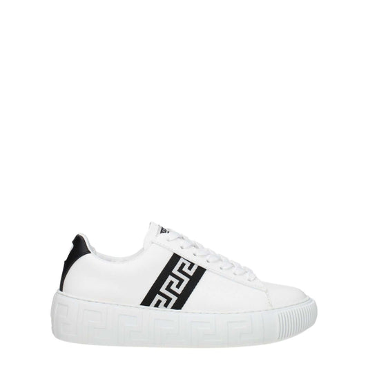 Versace White Leather Low Top Sneakers with black accents, featuring front logo and lace-up closure, ideal for casual style.