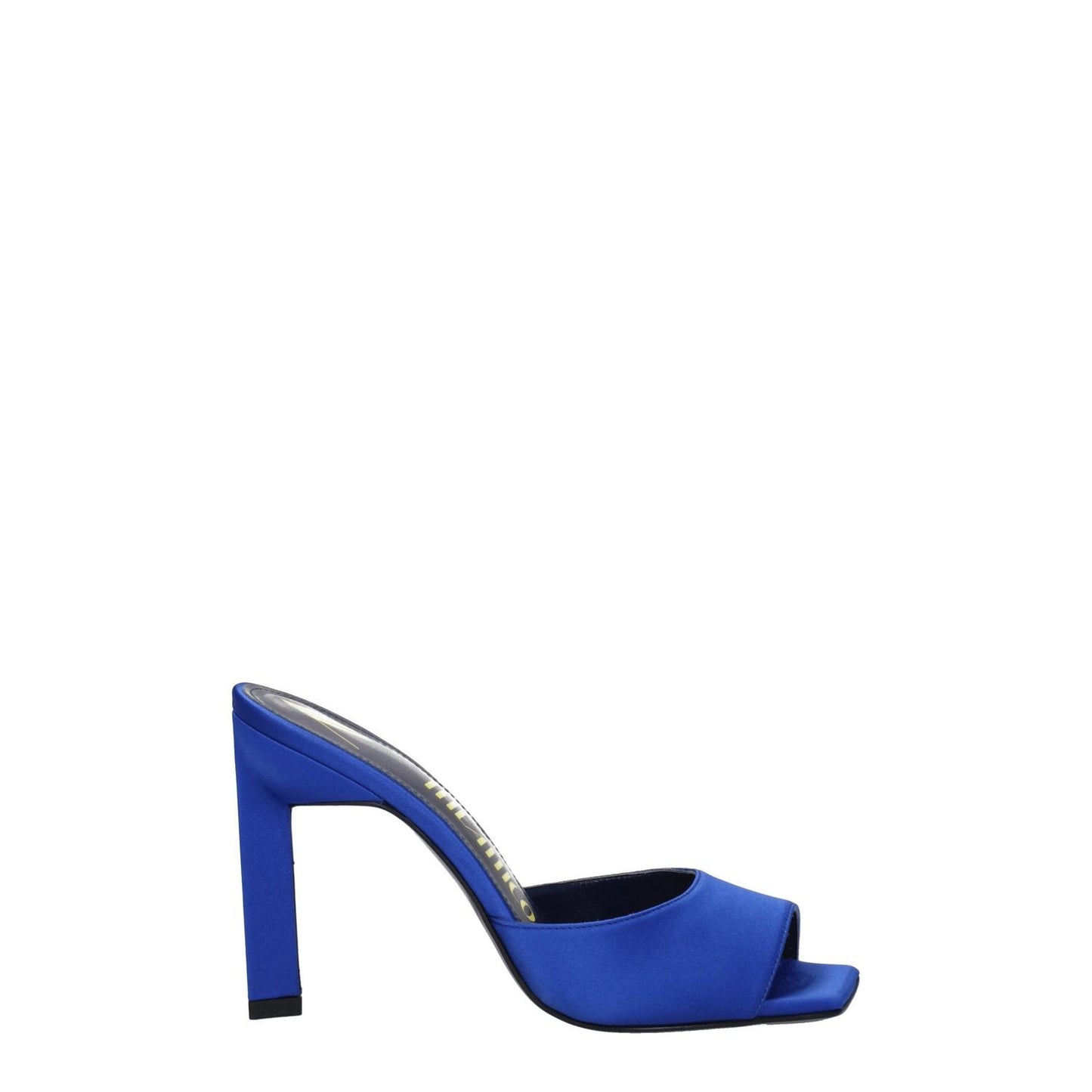The Attico Blue Satin Stiletto Heel Sandals with open toe, rhinestones, cobalt color, and leather sole, 10 cm high heel.