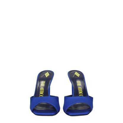 The Attico Blue Satin Stiletto Heel Sandals with rhinestone accents, open toe design, and high cobalt heels.