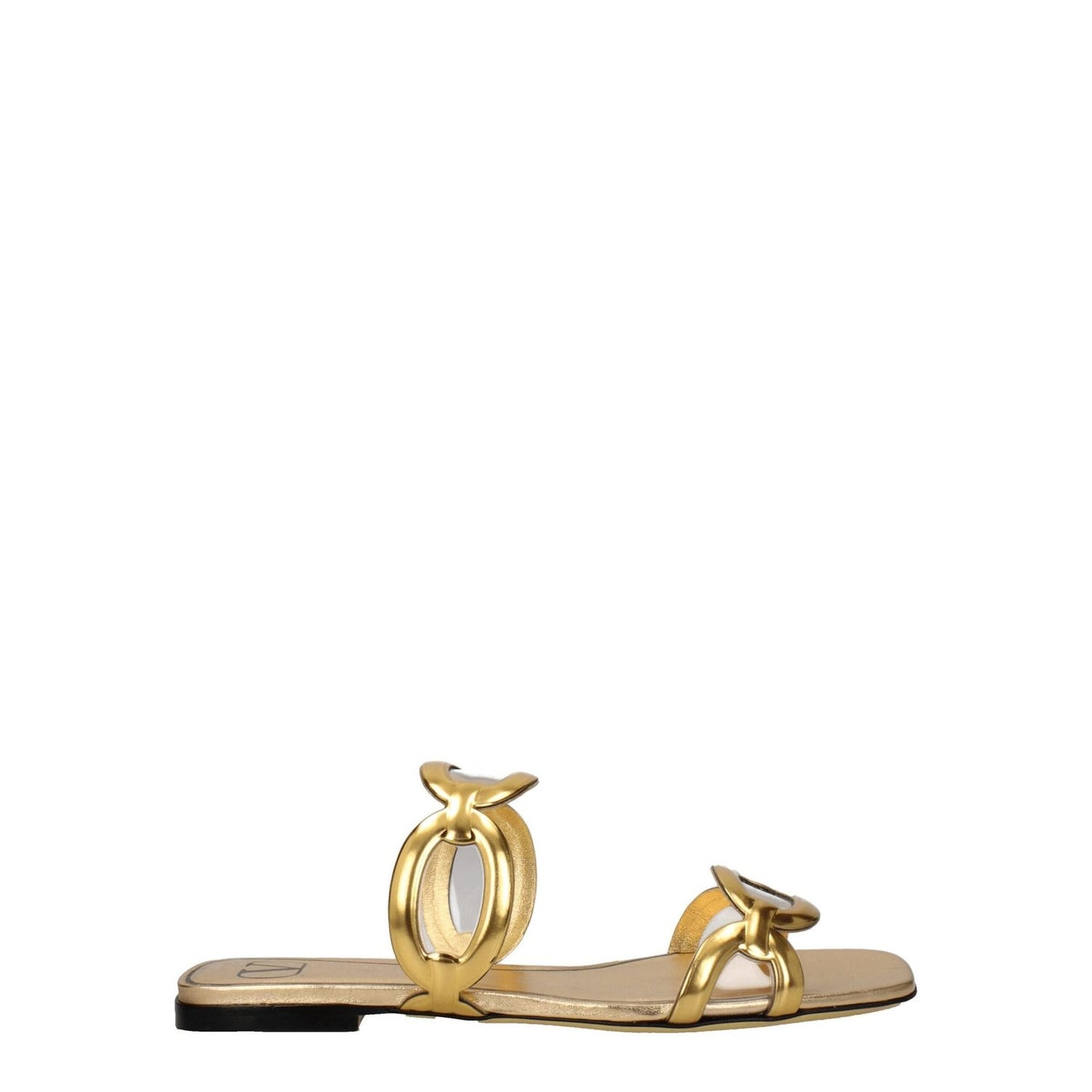 Valentino Garavani Gold Leather Slippers with open toe and low flat heel, crafted from luxury leather, showcasing casual style footwear.