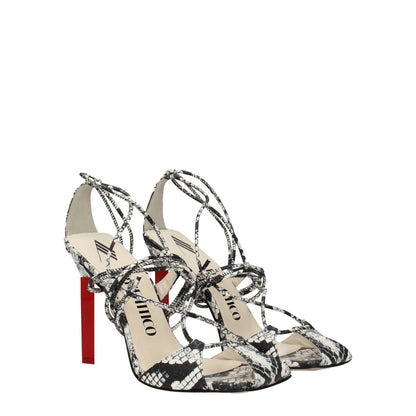 The Attico White Leather Stiletto Heel Sandals with vintage effect and snake print, open toe high heels with self tie closures.