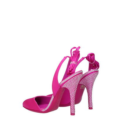 The Attico Pink Satin Stiletto Heel Sandals with rhinestones, self-tie closure, 11cm high heel, fuchsia satin, leather sole, round toe.