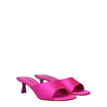 Off-White Pink Satin Stiletto Heel Sandals with open toe design and mid heels, crafted in fuchsia satin with leather sole, casual style.