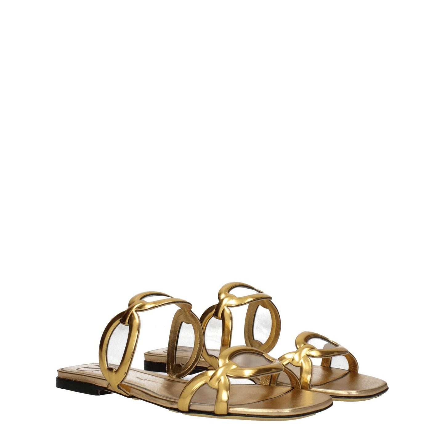 Valentino Garavani Gold Leather Slippers with open toe, low flat heel, and leather sole, MPN S0GK2NHEV3L, casual style.