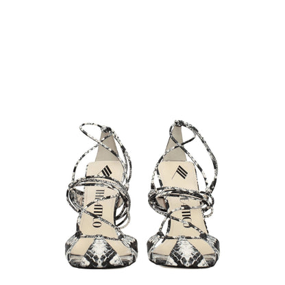 The Attico White Leather Stiletto Heel Sandals with snake print design, high heel, and self-tie closures in vintage style.