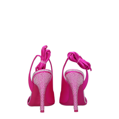 The Attico Pink Satin Stiletto Heel Sandals with rhinestones and self-tie closures, featuring round toe and high heel design.