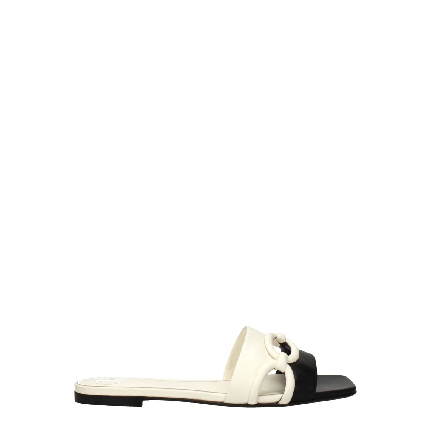 Valentino Garavani Black Leather Slippers with ivory accents and open toe, featuring low flat leather sole, style S0GH7ZUC790.