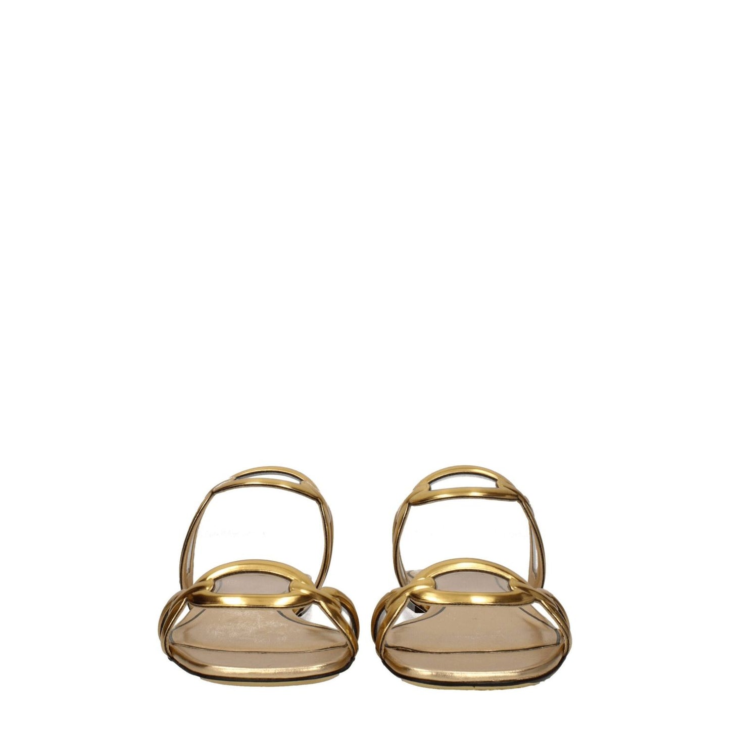Valentino Garavani Gold Leather Slippers with open toe and low flat heel, crafted in gold leather.