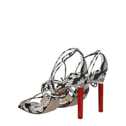 The Attico White Leather Stiletto Heel Sandals with snake print, vintage effect, and high red heels, self-tie closures, open toe.