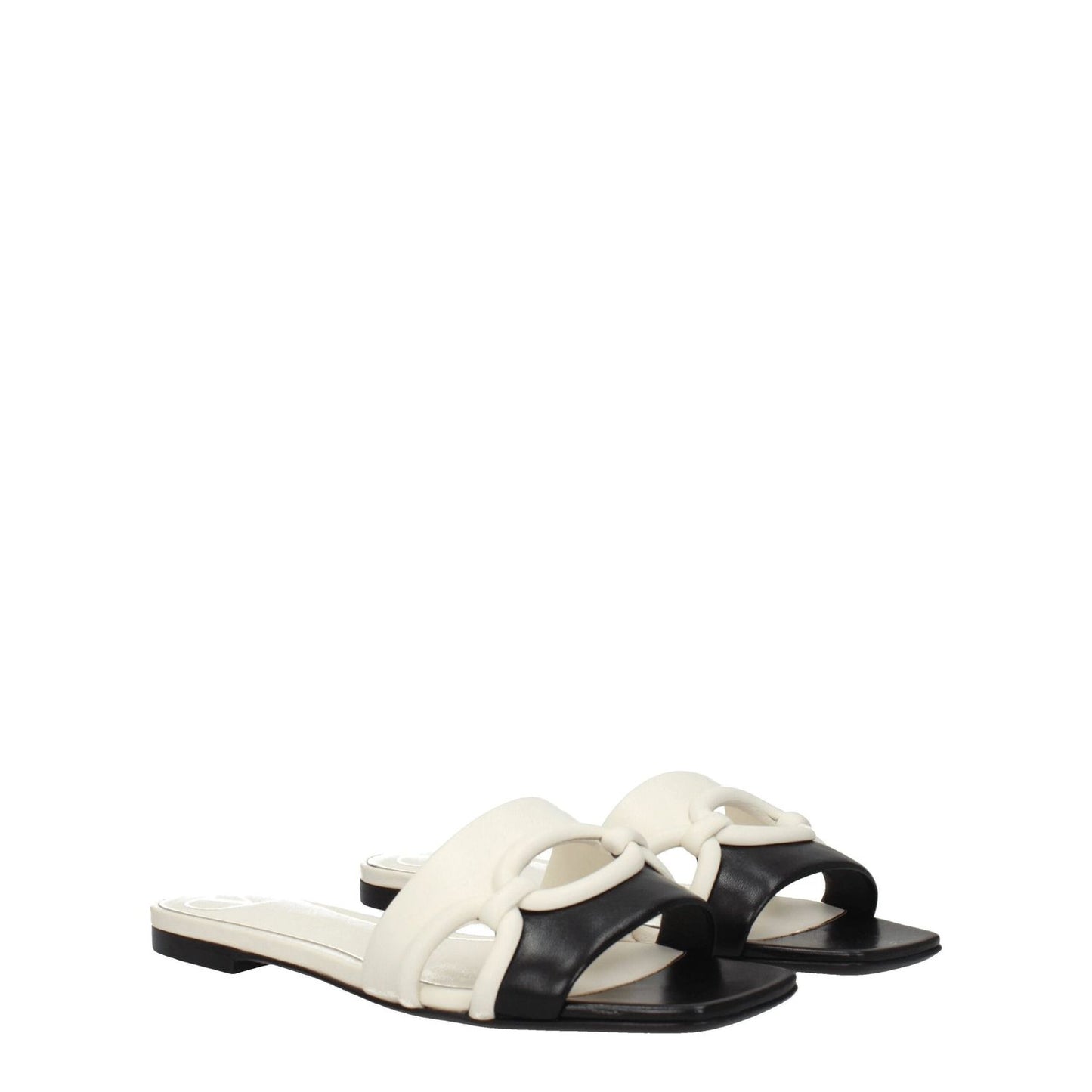 Valentino Garavani Black Leather Slippers, open toe, low flat heel, casual style, black and ivory leather clogs, model S0GH7ZUC790.