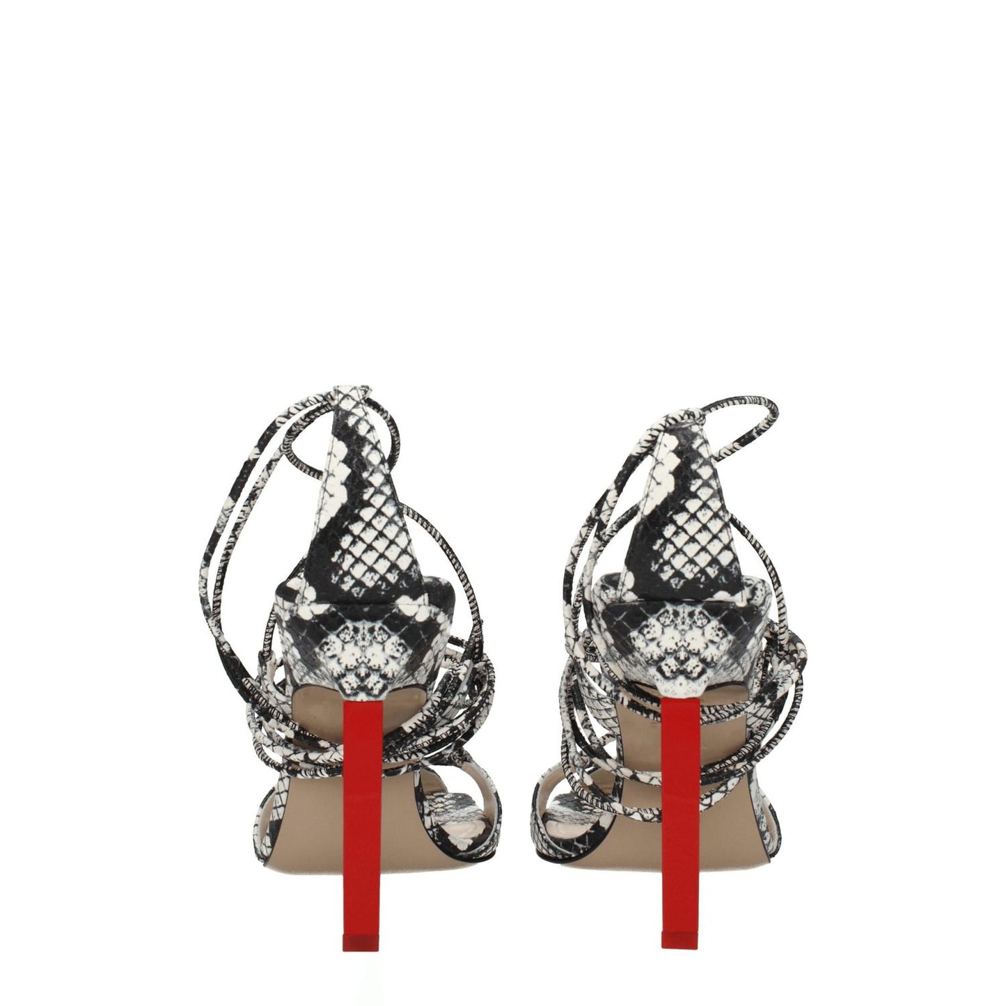 Back view of The Attico White Leather Stiletto Heel Sandals with snake print and self-tie closures, featuring high heels and open toe.