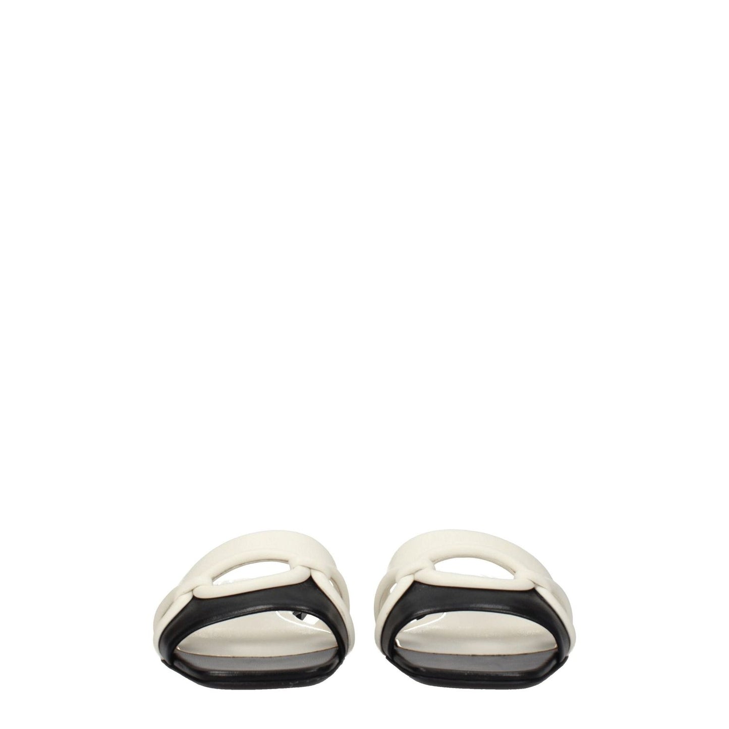 Valentino Garavani Black Leather Slippers with ivory details, open toe design, low flat heel.