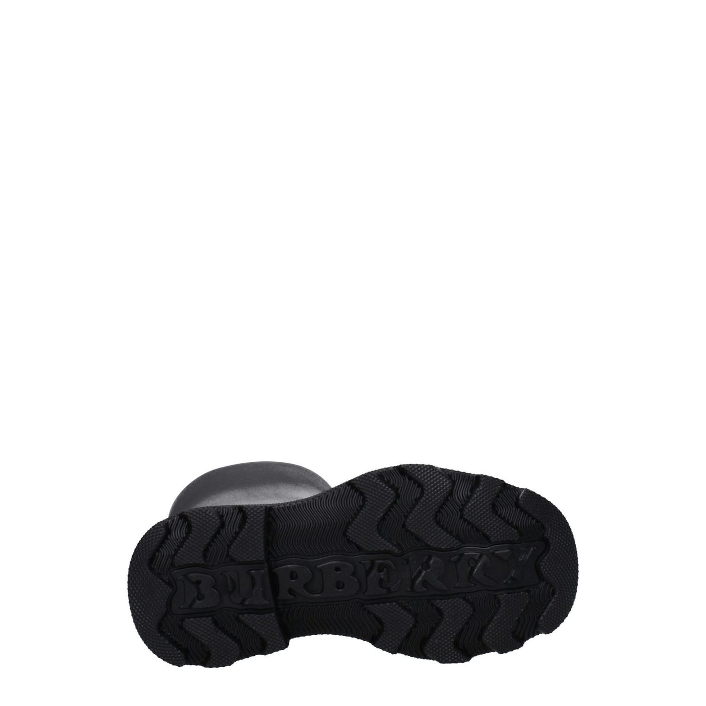 Sole view of Burberry Black Cotton Rain Boots with rubber sole showing tread pattern. MPN 8077778.