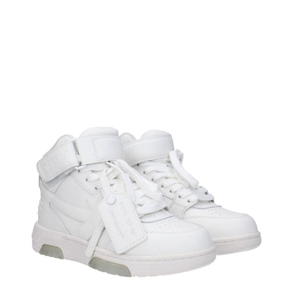Off-White White Leather High Top Sneakers with side and front logo details, featuring a strap closure and rubber sole.