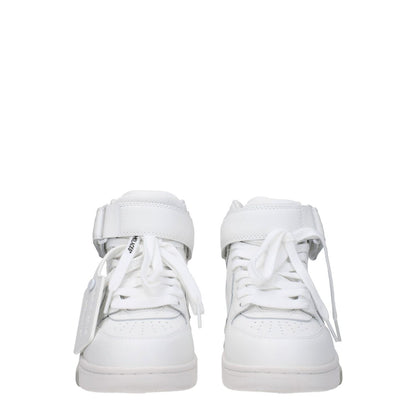 Off-White White Leather High Top Sneakers with strap closure and logos, featuring a low flat heel and round toe design.