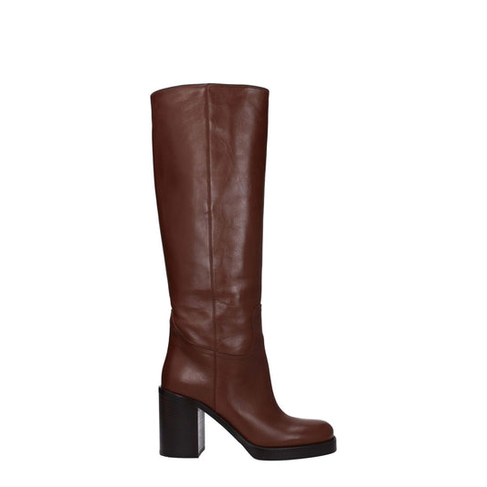 Prada Brown Leather High Heel Boots with round toe and cognac accents, featuring 9 cm heel. MPN 1W281N070090F0046.