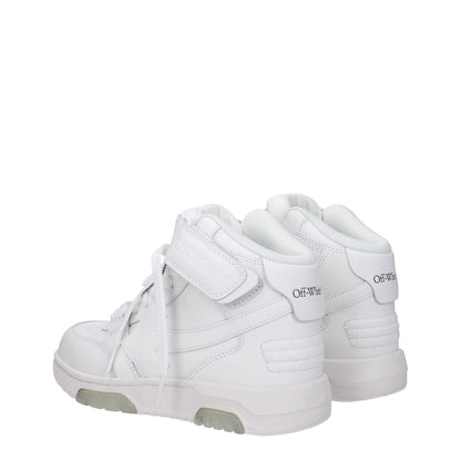 Off-White White Leather High Top Sneakers with rubber sole and strap closure, featuring side, front, and back logos.