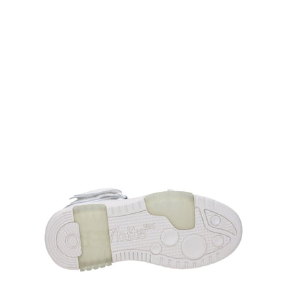 Sole view of Off-White White Leather High Top Sneakers featuring rubber sole and strap closure.