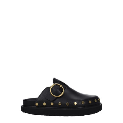 Isabel Marant Black Leather Slippers with gold studs, buckle closure, and round toe design, MPN ML0009FAA3B19SBKGO, vintage style