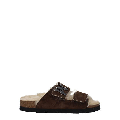 Palm Angels Brown Leather Slippers with suede front logo and strap closure, open toe, low flat heel, rubber sole. Casual wear.