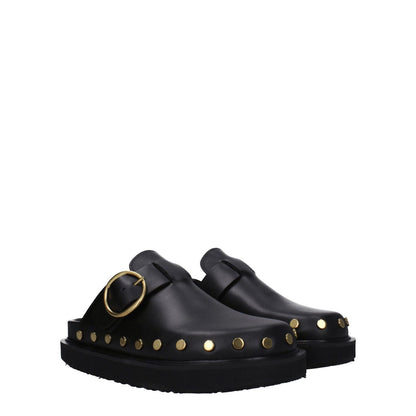 Isabel Marant Black Leather Slippers with gold studs, vintage effect, buckle closure, and rubber sole.