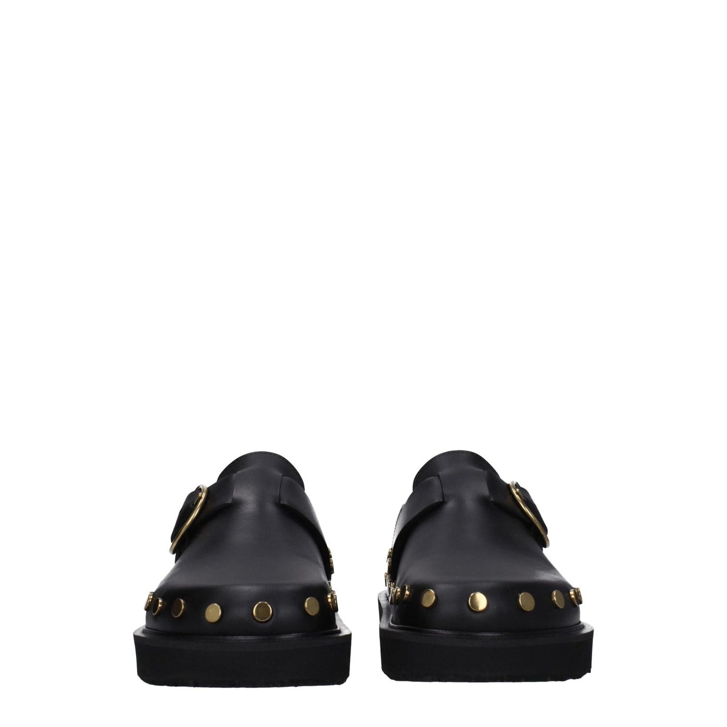 Isabel Marant Black Leather Slippers with studs, vintage effect, buckle closure, and round toe design, MPN ML0009FAA3B19SBKGO, gold details.